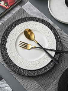 จานชิ้นเนื้อสีดำลายหินเซรามิกจานจิ้มสีแบนจานผัดข้าวจานอาหารครัวเรือนจานร้านอาหารตะวันตกจานรับประทานอาหารสุดเก๋