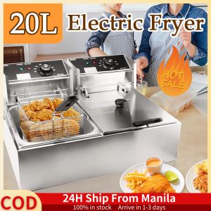 20L Commercial Electric Deep Fryer Double Cylinder Deep-fried Chicken Chops French Fries Fritters Machine Timing Electric Frying Pan 220V Detachable Large Capacity Stainless Steel Countertop Electric Oil Fryer wit