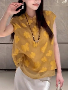 QINGNAER | Embroidery Mandarin Collar Short Sleeve Shirt Large Size