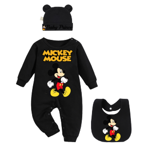 Disney | 3 Pieces/Set Newborn Baby Cotton Bib Solid Color Hat Kawaii Crawling Suit Baby Hiccup Cloth Set Childrens Gift 0-6M