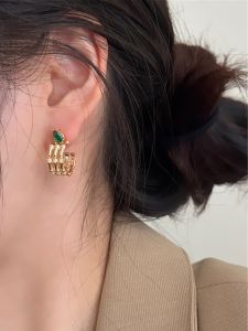 Fashionable 925 Sterling Silver Green Zircon Bamboo Node Earrings Womens Elegant Lightweight Luxury C-Shaped Multi-Layer Half-Circle Hoops