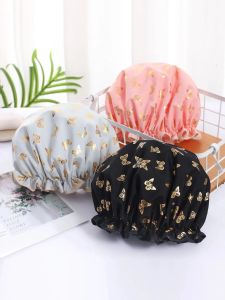 Waterproof Shower Cap Hot Stamping Printed Polyester Cotton Bath Cap Double Layer for Women Shower Bath Washing Hair
