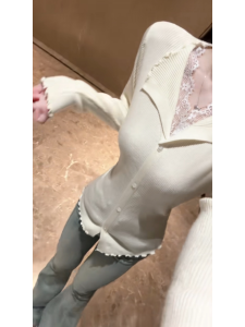 CHANGTONG | French Style V-Neck Lace Knitted Top