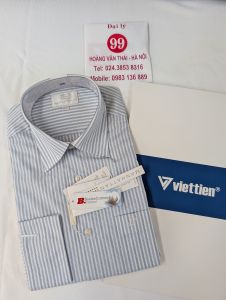 [Việt Tiến Sale] Sơ Mi Dài Tay - Regular (Suông) - Vạt Bầu - Kẻ sọc xanh da trời xen kẻ trắng - size 38