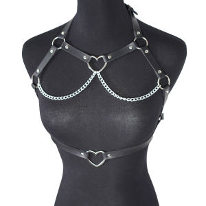 Women Punk Gothic Black PU Heart Chain Waist & Chest Harness Adjustable Street Decor Accessory for Rave Club Festival Daily