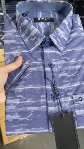 OWEN SALE - Áo Sơ Mi Owen Tay Ngắn Màu Rằn Ri Xanh Demin  Họa Tiết Hoa Văn Form Body Fit Lai Ngang Chính Hãng