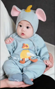 Bộ liền thân Kèm mũ LANATA dài tay cho bé gái bé trai Bodysuit cho bé gái trai chất cotton Quần áo sơ sinh 0-12M