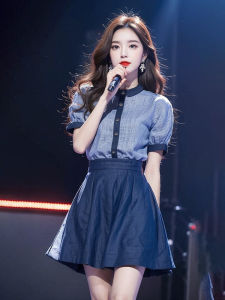 Brand Discount Small Sized Mans Wear a Set of Fashion Western Style Youthful-Looking Sweet Blue Shirt Skirt Outfit Women