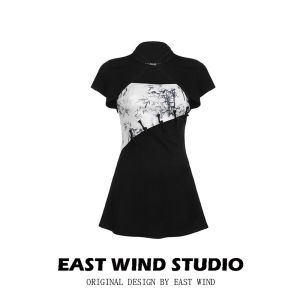 New Chinese Style Cheongsam Print Short Sleeve Asymmetrical Halter Dress High Waist Grommet Skirt Two Piece Set Street Fashion Summer Womens Clothing