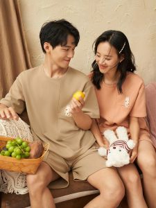 LUNILAI | Comfortable Casual Short Sleeve Shorts Home Clothes Couple Round Neck Pullover Summer Sleepwear Two Piece Set For Men And Women
