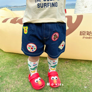 Cartoon Bear Surfing Badge Short Sleeve T-Shirt And Denim Shorts Set for Kids Cotton round Neck Short Sleeve Childrens Clothing