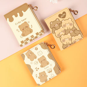 Cute Cartoon Bear Short Zipper Wallet Student Ladies Money Holder Multi-Function Card Case Coin Purse PU Synthetic Leather