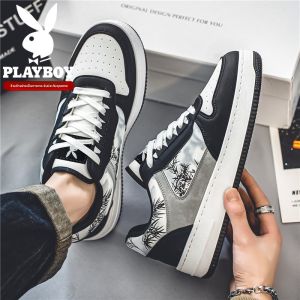 รองเท้าผ้าใบผู้ชาย Playboy ฤดูหนาว รองเท้าผ้าใบแบบสวม ส้นเตี้ย พื้นนุ่ม หนังแท้ รองเท้าลำลอง สวมใส่สบาย รองเท้าบอร์ด