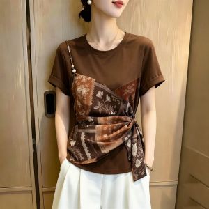 SHUAIYUE | Áo Thun In Hình Patchwork Giả Hai Mảnh Dây Đai Siết Eo