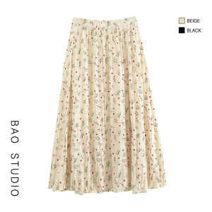 Baostudio Korean High Waist Floral Midi Skirt Womens Spring Summer Slimming Versatile Half-length A-line Polyester Fiber