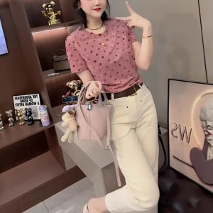 Shalldoer | Summer New Loose Thin Mesh Tie Dye Short Sleeve T Shirt Womens Classic Polka Dot Print Breathable Korean Style Commute Top