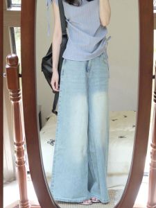 Retro Light Wash สูง เอว ขากว้าง เดนิม กางเกงยีนส์ ผู้หญิง ฤดูใบไม้ผลิ ฤดูใบไม้ร่วง หลวม พรางหุ่น ตรง กางเกงขายาว ลำลอง แฟชั่น