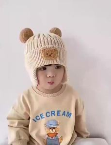 Cute Little Bear Fur Ball Baby Hat Winter Ear Protection Warm Elastic Childrens Knitted Hat