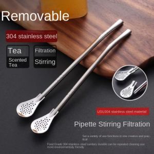 304 Stainless Steel Straw Spoon Mixing Spoon Detachable Cleaning Straw Drinking Tube Juice Milk Tea Filtering Straw