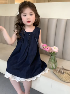 PRINCESS KESLI 2-12 Tahun Denim Girl Dress For Kids Girl Baju Gaun Budak Perempuan Sleeveless Korean Style Jeans Summer Kids Clothing