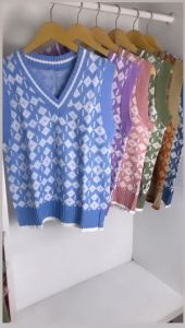 Rompi Rajut Wanita Motif Premium - Gaya Korea dengan Motif Geometris - Warna Cerah