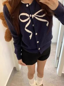 Korean Style Short Knitted Cardigan Womens Early Autumn New College Style Versatile Sweater Jacket with Bow Tie Embellishment