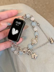 Huawei Band 9/8/7 NFC Edition Metal Double Chain Pearl Bracelet Smart Sports Wristband for Women Summer Creative Cats Eye Stone Honor Band