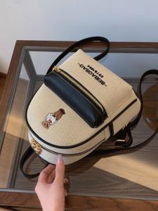 Casual Outdoor Travel Large Capacity Canvas Shoulder Bag Embroidered Bear Design Womens Backpack Trendy Leisure Style Backpack