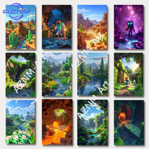 1Pc Frameless Video Game Block Pixel World Landscape Style Canvas Poster Painting Print Wall Art Picture for Living Room Home D