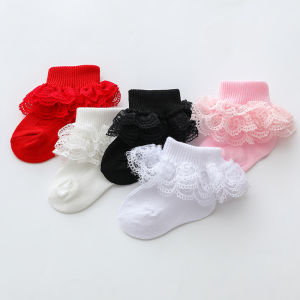 ถุงเท้าผ้าฝ้ายเด็กชายหญิงน่ารักตาไก่ Frilly Lace Baptism สีเดียวกับพื้นฐาน ถุงเท้าของขวัญวันเกิดสำหรับทารก