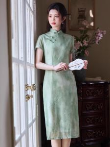 Green Improved Cheongsam Young Girl Dress Elegant Atmosphere Spring Summer New Arrival Low Slit Artistic Style Daily Wear