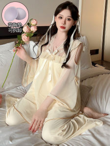 ชุดนอนพร้อมแผ่นรองหน้าอกชุดอยู่บ้านสไตล์เจ้าหญิงนางฟ้าในวังผ้าตาข่ายไอซ์ซิลค์โมดอลแขนยาวสำหรับฤดูใบไม้ผลิและฤดูใบไม้ร่วงของผู้หญิง