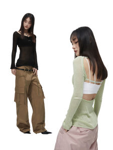 ROS ZHOU Ice Silk Knitted Long T Womens Slim Fit Low Neck Vest Sweet Style Base Shirt Inner Wear Butterfly Knot Design