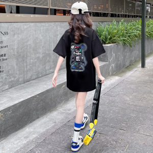 Girls Cartoon T-Shirt Summer Loose Short Sleeve Mid-Length Dress Childrens Korean Style Half Sleeve Top Dress Cotton Fabric