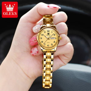 『Hot On Sale』Relo OLEVS Watch for women Original Pawnable 3ATM Waterproof 2023 New Calendar Genuine Free Tool Stainless Steel Strap Fashion Elegant  Gold White