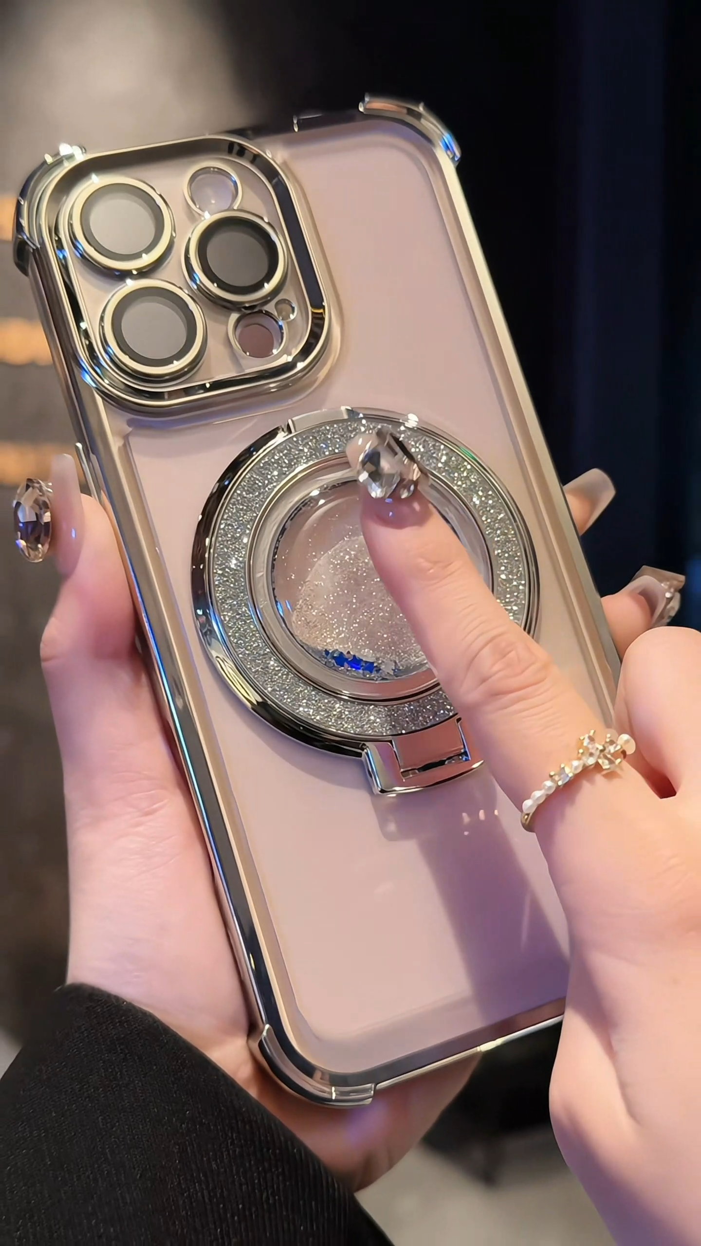 Premium Plating Case iPhone 11 12 13 14 15 16 Pro Max 15 16 Plus Glitter Diamond quicksand Multifungsi Foldable Luxury Bracket Transparent Airbag Casing iPhone 16 15 14 13 12 11 Pro Max 15 16 Plus Shockproof Hard Back