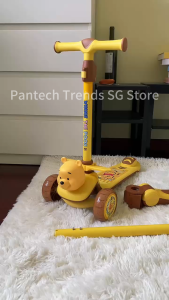 Disney Authorized Genuine POOH 3 in 1 Baby Boy & Girl Three Wheel Scooter with Push Handle Saddle LED Light Wheel Foldable 2 - 8 Years| The Perfect Christmas Gift 🎄