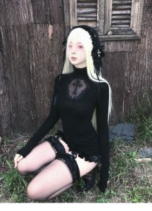 Gothic Cross Hollow Out Long Sleeve High Collar Women's Top: A Halloween Themed Slim Fit Base Layer Shirt