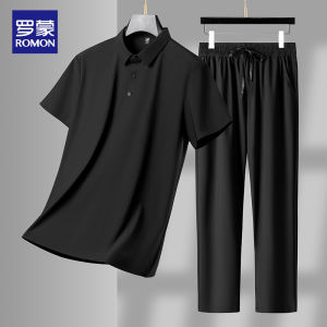 ROMON | Lomond Midlife Dad Summer Ice Silk Polo Shirt Short Sleeve Thin Sporty Casual Two-Piece Set For Young Men Nylon Spandex Blend