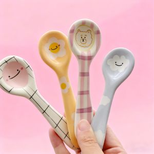 Cute Smiling Spoons Ceramic Ice Cream Spooon Irregular Hand Painted Dessert Breakfast Spoon Home Kitchen Tableware Accessories