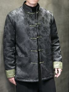 Mens Cotton Jacket Tang Costume Coat Thickened Stand Collar Button Design Large Size Hanfu Buddhist Clothes Winter Warmth