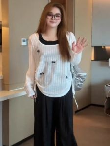 Large Size Womens Knitwear Long Sleeve Sun Protection Top Two-Piece Illusion Slimming White Blouse for Summer