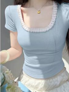 LUOFEN | Pure Desire Lace Short Sleeve T-Shirt Women Summer New Sweet Spicy Ballet Square Collar Short Tight Shoulder French Style Top