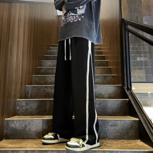 กางเกงลำลองชายผ้าไหมน้ำแข็งทรงตรงหลวมๆ สไตล์เกาหลี กางเกงขายาวทรงหลวมๆ สบายๆ สำหรับฤดูร้อน เอวกลาง ทรงหลวมๆ