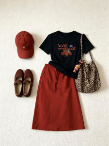 QINGMUZI | Red Slimming Letter Print Casual Two-piece Set