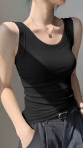 T1# เสื้อกล้ามมีฟองน้ำในตัว เสื้อกล้ามลำลอง สีพื้นเปิดไหล่ สำหรับสตรี นุ่มและใส่สบาย