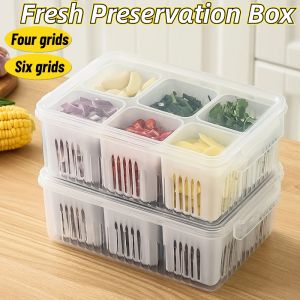 Refrigerator Storage Box 4/6 Grid Food Vegetable Fruit Storage Box Fridge Organizer Drain Basket Meat Onion Ginger Clear Crisper