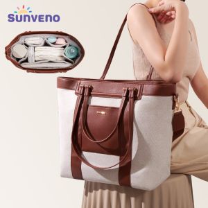 Sunveno Fashion Luxury Tote Diaper Bag Canvas+PU Stitching High Capacity Durable Shoulder Bags for Mommy
