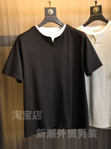 Double Layer Fake Two-Piece V-Neck Mens Summer Retro Comfortable Breathable Short Sleeve T-Shirt Fashionable Urban Style Cotton Pure Color