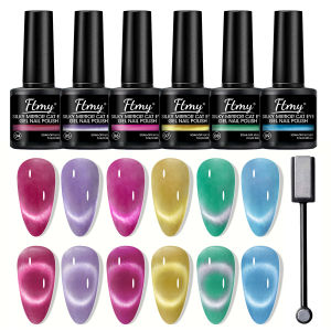 6 Piece Magnetic Cats Eye Gel Nail Polish Set - Vibrant Holographic Shades with Magnetic Wands Perfect for DIY Jelly Crystal